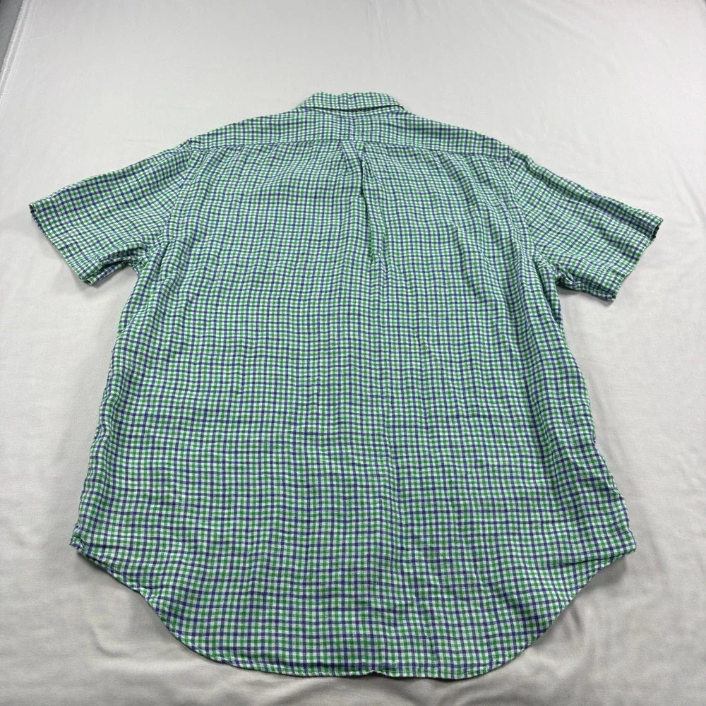 Polo Ralph Lauren Linen Shirt Mens Large Blue Green Plaid Button Up Camp Beach